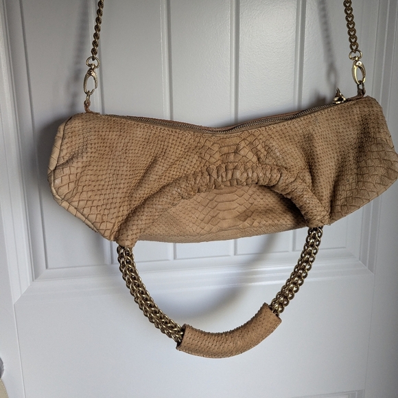 Stuart Weizman Camel Snake Skin Hobo Crossbody Bag with Gold Chain Strap - Picture 3 of 14